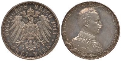 Пруссия 2 марки 1913 A, Вильгельм II (1888-1918), 25 лет правления (мундир) Weege 111, J. 111, KM 533 серебро PROOF 00-814-27