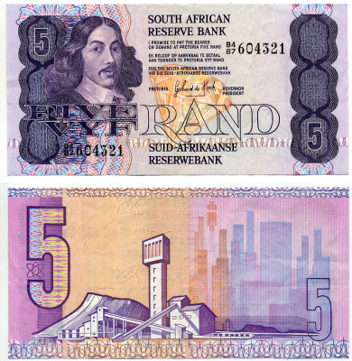 ЮАР 5 рандов 1989-1990 подпись 6, с защитной полосой, ALPHA-NUMERIC SYSTEM Pick 119d бумага 2197-5-2-1