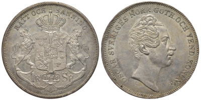 Швеция 1 риксдалер 1848 Оскар I (1844-1859) KM 667, Ahlstroem 29, Dav. 354 серебро aUNC 10-016-20