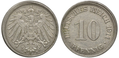 ГЕРМАНИЯ 10 ПФЕННИГОВ 1911 А, БРАК, СМЕШЕНИЕ KM 12, J. 13, Weege 8 медно-никель 1518-1545
