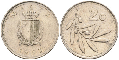 Мальта 2 цента 1993 оливковая ветвь KM 94 медно-никель 112-955