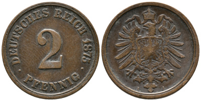 ГЕРМАНИЯ 2 ПФЕННИГА 1875 А, СТАРОГЕРБОВКА KM 2, J. 2 медь 39-1232