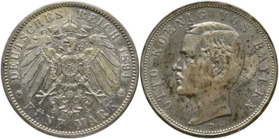 Бавария 5 марок 1894 D, Отто (1886-1913) Weege 47, J. 46, KM 512 серебро 633-541