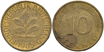 ФРГ 10 пфеннигов 1985 J KM 108, J.383 сталь плакированная латунью 4681-1153