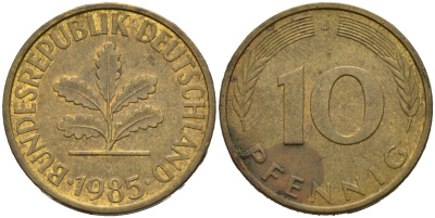 ФРГ 10 пфеннигов 1985 J KM 108, J.383 сталь плакированная латунью 4681-1153