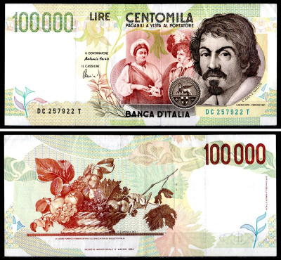 Италия 100000 лир 1994 Караваджо (Микеланджело Меризи), пара с картины Караваджо «Гадалка»), Корзина с фруктами Pick 117 b бумага 451-739-3