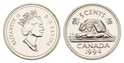 Канада 5 центов 1994 Елизавета II (1952-2022), бобр KM 182 медно-никель PROOF-LIKE (BU) 4639-522