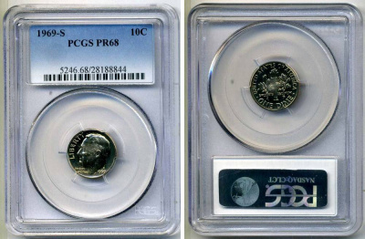 США 10 центов (дайм) 1976 S, президент Рузвельт, в слабе PCGS PR68 KM 195а медь плакированная медно-никелем PROOF 15-002-02