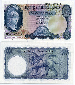 АНГЛИЯ 5 ФУНТОВ 1957-1961 ПОДПИСЬ L.K. O Brien Pick 371a бумага UNC (ПРЕСС) 000-00-00