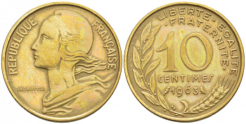 ФРАНЦИЯ 10 САНТИМОВ 1963 ТИП MARIANE KM 929, LE FRANC 144.3 алюминиевая бронза 44-958