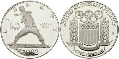 США 1 доллар 1992 S, Олимпийские игры, бейсбол KM 234 серебро PROOF 02-226-41