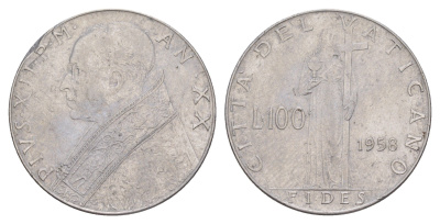 Ватикан 100 лир 1958 Пий XII KM 55 нержавеющая сталь 4648-134