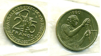 Западно-Африканские штаты 25 франков 1980 пробник, ESSAI, в оригинальной упаковке КМ E9 алюминиевая бронза UNC 5010-244