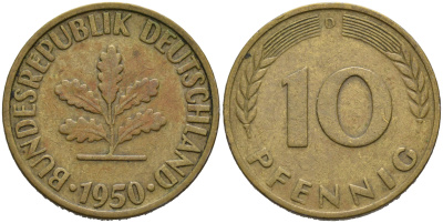 ФРГ 10 пфеннигов 1950 D KM 108, J.383 сталь плакированная латунью 4681-1121