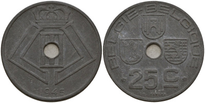 Бельгия 25 сантимов 1945 Belgie - Belgique, Леопольд III (1934-1947), германская оккупация, Вторая мировая война KM 132 цинк 4157-644