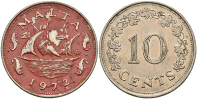 Мальта 10 центов 1972 баржа Великого магистра KM 11 медно-никель 4137-815
