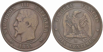 Франция 10 сантимов 1855 B, Наполеон III (1852-1870) KM 771.2, Le Franc 133.21 бронза  4680-531