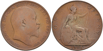 Великобритания 1 пенни 1906 Эдуард VII (1901-1910) KM 794.2, Spink 3990 бронза 4593-134