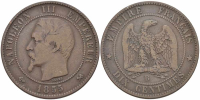 Франция 10 сантимов 1855 B, Наполеон III (1852-1870) KM 771.2, Le Franc 133.21 бронза  4680-531
