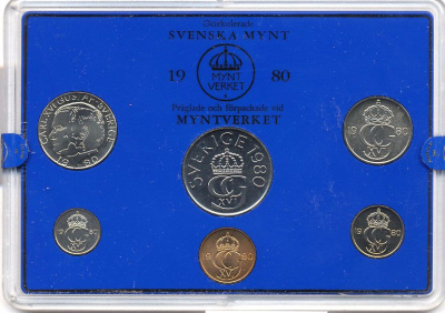 Швеция набор монетного двора из 6 монет 1980 в пластике, Карл XVI Густав (1973- ) KM MS15 UNC 4-3-6-120