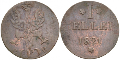 Франкфурт 1 геллер 1821 GB AKS 30, Jaeger 10, KM 301 медь 73-627