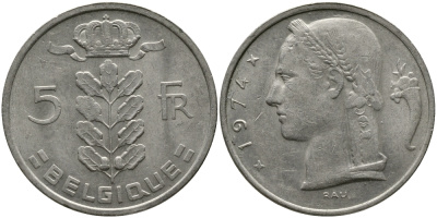 БЕЛЬГИЯ 5 ФРАНКОВ 1974 BELGIQUE KM 134.1 медно-никель 98-646