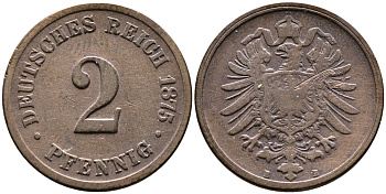 Германия 2 пфеннига 1875 B, старогербовка KM 2, J.2 медь 3458-1146