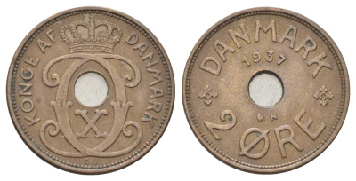Дания 2 эре 1937 N, Кристиан X (1912-1947) KM 827 бронза 4701-844