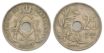 Бельгия 25 сантимов 1922 Belgique KM 68.1 медно-никель 4629-955