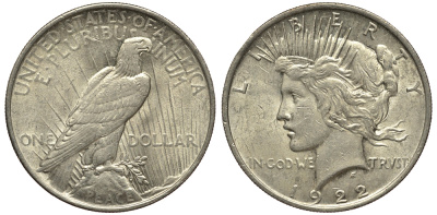 США 1 доллар 1922 доллар мира KM 150 серебро 00-00