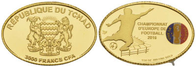 Чад 3000 франков 2016 Чемпионат Европы по футболу во Франции, овал, эмаль KM 9 золото PROOF 00-820-49