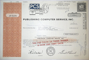 США, Publishing Computer Services, Inc. 25 акций 1979 бумага 8805-45-1