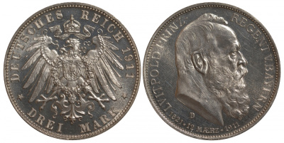 Бавария 3 марки 1911 D, 90 лет принц-регенту Баварии Луитпольду Weege 49, J. 49, KM 517 серебро PROOF 10-014-31