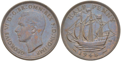 Великобритания 1/2 пенни 1948 Георг VI (1936-1952) KM 844, Spink 4115 бронза 4610-146