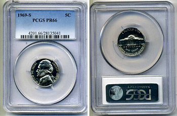 США 5 центов 1969 S, президент Джеферсон, в слабе PCGS PR66 KM А192 медно-никель PROOF 15-002-14