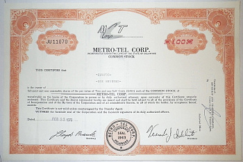 США, METRO-TEL CORP. 100 АКЦИЙ 1976 США бумага 00-00