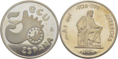 Испания 5 экю 1991 Аверроэс (Ибн Рушд) западно-арабский философ (1126-1198), в оригинальной деревянной коробке, с сертификатом  серебро  PROOF  4-3-1-12