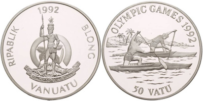 Вануату 50 вату 1992 XXV Олимпийские игры в Барселоне 1992 года, гребля на каное KM 14 серебро PROOF 1081-8-41