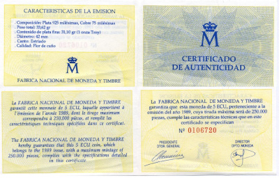 Испания 5 экю 1989 Карл V, Император Священной Римской Империи, в оригинальной деревянной коробке, с сертификатом  серебро  PROOF  00-00