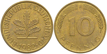 ФРГ 10 пфеннигов 1982 J KM 108, J. 383 сталь плакированная латунью 175-752