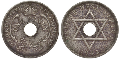 Британская Западная Африка 1 пенни 1942 Георг VI KM 19 медно-никель 25-2116