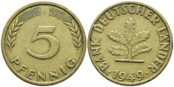 ФРГ 5 ПФЕННИГОВ 1949 J KM 102, J. 377 сталь плакированная латунью 4392-1021