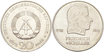 ГДР 20 марок 1972 А, Фридрих Шиллер (1759-1805) KM 40 медно-никель 3855-1235