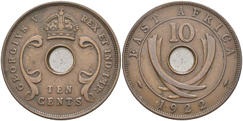 Британская Восточная Африка 10 центов 1922 Георг V (1910-1936) KM 19 бронза 38-531
