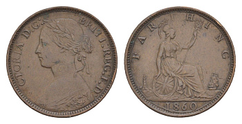 Великобритания 1 фартинг 1860 Виктория (1837-1901), зубчатая кайма KM 747.2, Spink 3958 медь 4644-755
