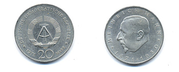 ГДР 20 марок 1971 А, 100 лет со дня рождения Генриха Манна (1871-1950) KM 33, J. 1531 медно-никель 3333-331