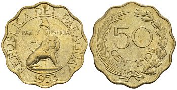 Парагвай 50 сентимо 1953 лев, фригийский колпак на шесте KM 28 алюминиевая бронза  aUNC  4177-733