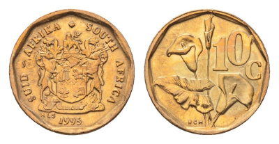 ЮАР 10 центов 1995 герб, цветок алоэ KM 135 сталь плакированная бронзой UNC 4694-724