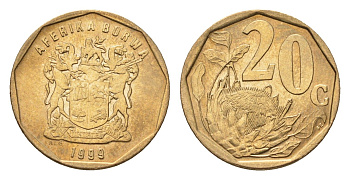 ЮАР 20 центов 1999 герб, цветок протея KM 162 сталь плакированная латунью UNC 4694-868