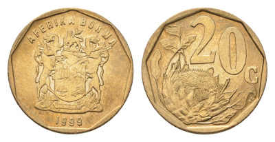 ЮАР 20 центов 1999 герб, цветок протея KM 162 сталь плакированная латунью UNC 4694-868